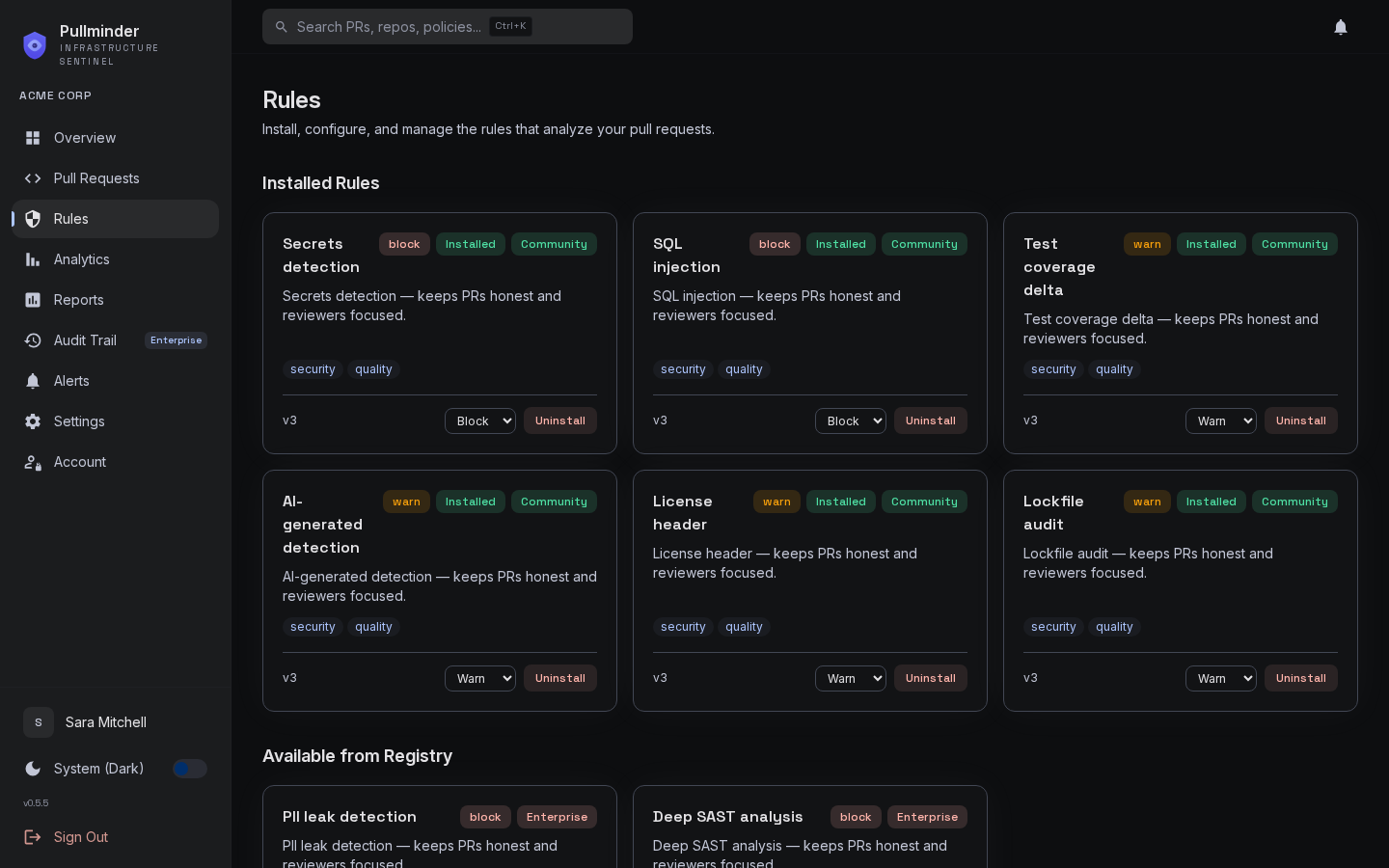 Pullminder rules library page listing installed rules (secrets scan, SQL injection, test coverage delta, AI-generated, license header, lockfile audit) and registry packs available to install.